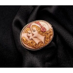 Rare Find Antique 1910s-1920s Hand-Painted Brooch Pendant With Double Lady